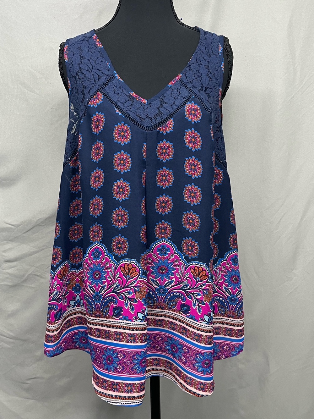 Zac & Rachel Navy Blue Sleeveless V-Neck Tank with Pink Floral Border